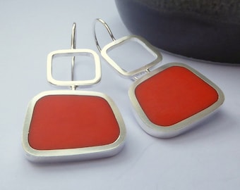 Bright Orange Square Silver & Resin Earrings - Geometric Jewellery - Colourblock Square Drop Earrings