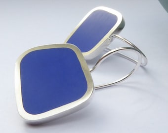 Square Sapphire Blue and Silver Earrings - Hepworth influenced Gift for Her - Colourblock Short Drops