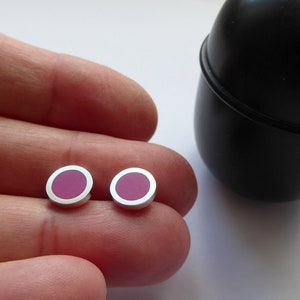 Magenta Pink Round Minimalist Silver Stud Earrings Birthday Gift for Her Pop Small Studs image 3