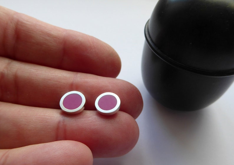 Magenta Pink Round Minimalist Silver Stud Earrings Birthday Gift for Her Pop Small Studs image 3