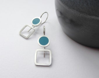 Geometric Teal Blue Silver Earrings - Pop Square Dot Drops