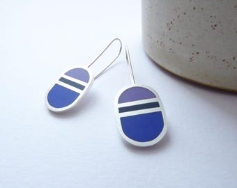 Oval Blue Minimalist Silver Earrings - Loop Drop Earrings