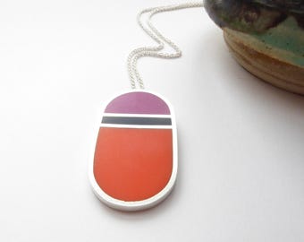 Color Block Rosa und Orange Minimalist Silberkette - Medium Loop Anhänger