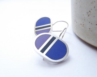 Blue Stripey Colour Block Silver Earrings - Loop Short Drop Earrings