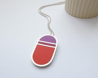 Colour Block Pink Orange Red Orange Minimalist Silver Necklace -  Loop Pendant