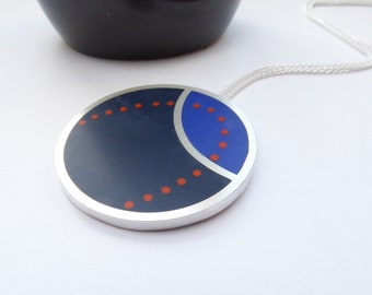Round Statement Pendant in Recycled Sterling Silver Blue & Orange Resin - Dots Round Pendant