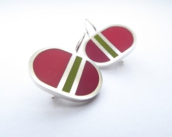 Oval Rot und Grün Minimalist Silber Ohrringe - Schleife Kurze Ohrringe