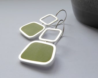 Colourful Green Dangle Earrings - Eco-Friendly Upcycled Silver and Resin - Colourblock Square Drops