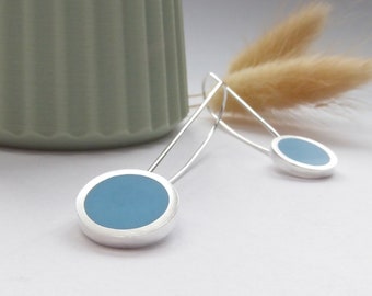 Pool Blue Round Drop Earrings - Silver Minimalist Earrings - Pop Long Drop Earrings