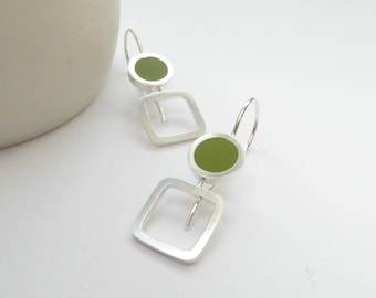 Minimalist Pesto Green Silver Earrings - Pop Square Dot Drops