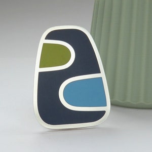 Oblong Brooch in Blue and Green Handmade Colour Block Resin Silver Brooch image 2