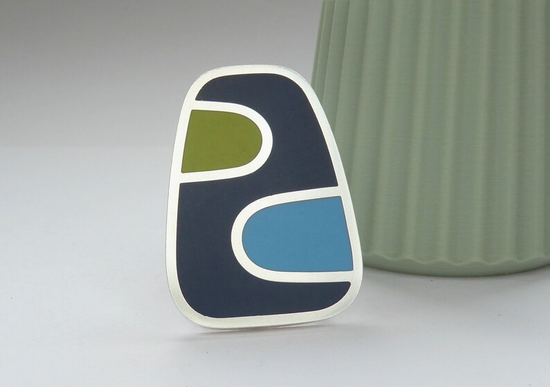 Oblong Brooch in Blue and Green Handmade Colour Block Resin Silver Brooch image 2