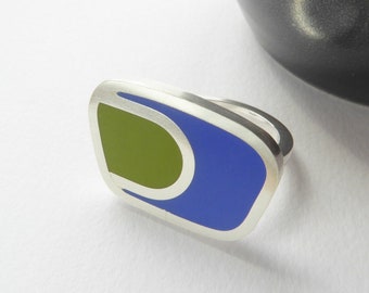 Handmade Geometric Cocktail Ring - Green and Blue Resin Ring - Colourblock Landscape Ring