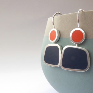 Square Colour Block Earrings in Orange & Ink Blue Gift for Her Colourblock Earrings image 8