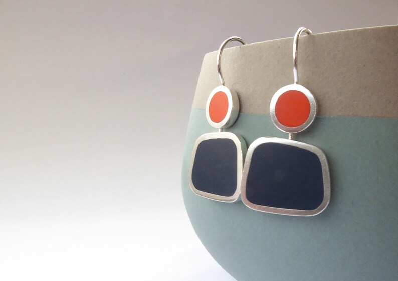 Square Colour Block Earrings in Orange & Ink Blue Gift for Her Colourblock Earrings image 8