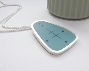 Aqua Blue Geometric Necklace in Silver & Resin - Large Atomic Pendant