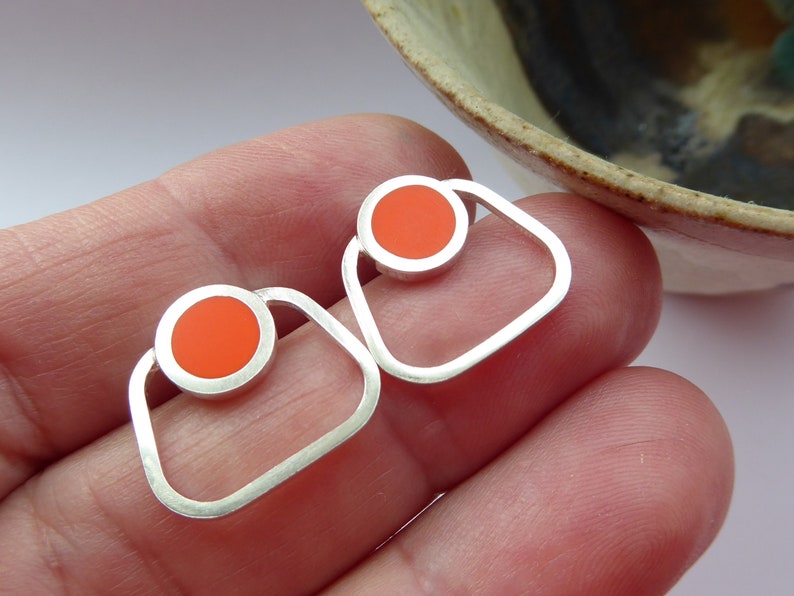 Square Orange Stud Hoop Earring Colour Pop Jewellery Gift for a Girlfriend Pop Square Studs image 4