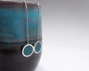 Teal Blue Round Drop Earrings - Silver Minimalist Earrings - Colour Pop Long Drop Earrings