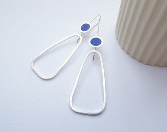 Blue Hoop Earrings  - Mid Century Handmade in Recycled Silver - Pop Long Hoops