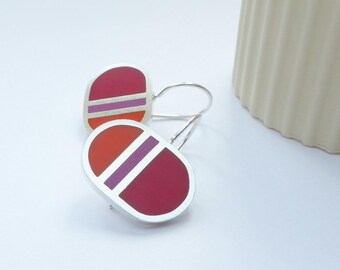 Striped Minimalist Drops in Red Orange and Pink- Loop Short Drop Earrings