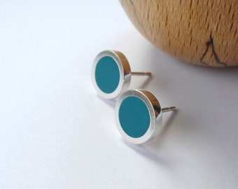 Simple Round Teal Stud Earrings Handmade in Resin and Silver - Pop Small Studs