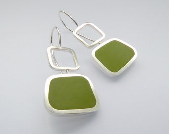 Green Square Dangly Earrings - Recycled Silver and Resin - Colourblock Square Drop Earrings