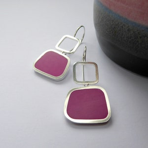 Magenta Pink Square Silver & Resin Earrings Geometric Jewellery Colourblock Square Drops image 3