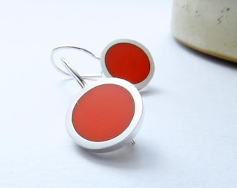 Orange Round Silver Earrings - UK Jewellery - Pop Short Drops