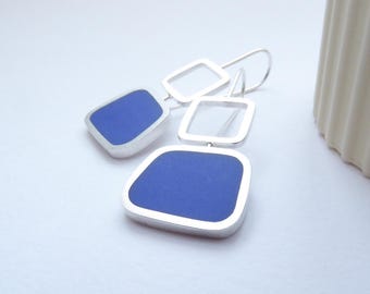 Sapphire Blue Resin Earrings: Recycled Sterling Silver Colourblock Drops