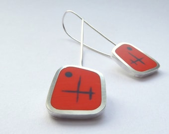 Orange Earrings - Long Drop Resin Earrings Handmade in England - Graphico Atomic