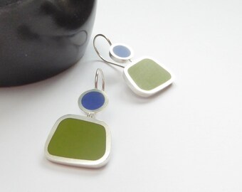 Square Blue and Green Modern Drop Earrings in Silver and Resin -  Colourblock Drop Earrings