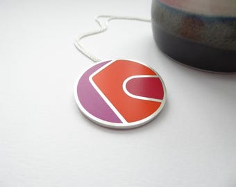 Orange, Pink and Red Statement Pendant in Recycled Sterling Silver - Colourblock Round Pendant