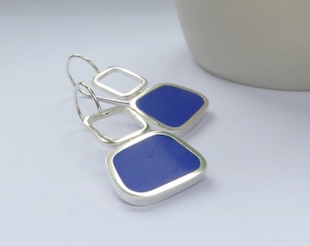 Sapphire Blue Square Earrings - Birthday Gift for Her - Colourblock Square Drop Earrings