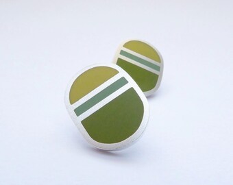Oval Yellow & Green Minimalist Silver Studs - Loop Stud Earrings