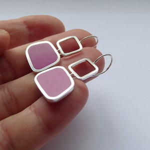 Magenta Pink Square Silver & Resin Earrings Geometric Jewellery Colourblock Square Drops image 5