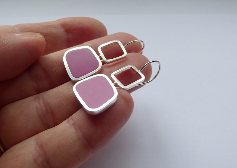 Magenta Pink Square Silver & Resin Earrings Geometric Jewellery Colourblock Square Drops image 5