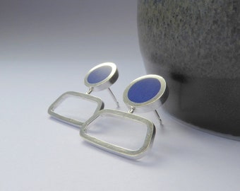 Minimalist Blue Studs - Handmade Recycled Silver Earrings - Vintage Inspired - Colourblock Studs