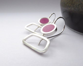 Magenta Pink Rectangle Silver Earrings - Mid Century Style - Colourblock Wide Drops