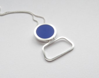 Sapphire Blue Round Statement Pendant Necklace - Mid Century Style - Colourblock Round Pendant
