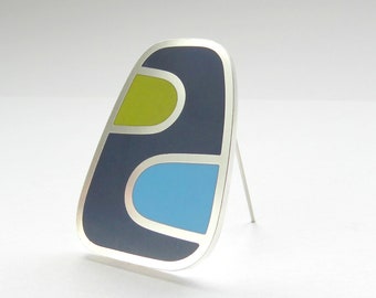 Oblong Brooch in Blue and Green - Handmade Colour Block Resin Silver Brooch