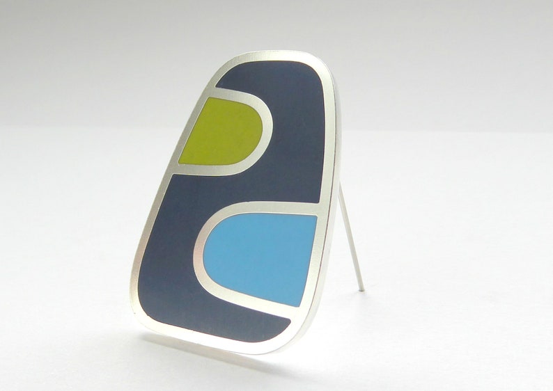 Oblong Brooch in Blue and Green Handmade Colour Block Resin Silver Brooch image 1