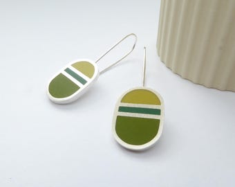 Oval Green Striped Minimalist Silver Earrings - Loop Drop Earrings