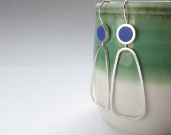 Sapphire Blue Hoop Earrings in a Mid Century style handmade in Recycled Silver  - Pop Long Hoops