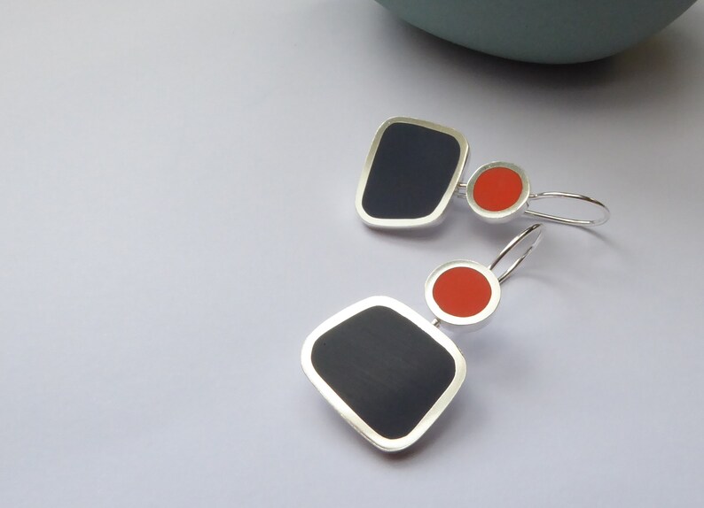 Square Colour Block Earrings in Orange & Ink Blue Gift for Her Colourblock Earrings image 3