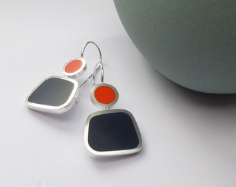 Square Colour Block Earrings in Orange & Ink Blue - Gift for Her - Colourblock Earrings