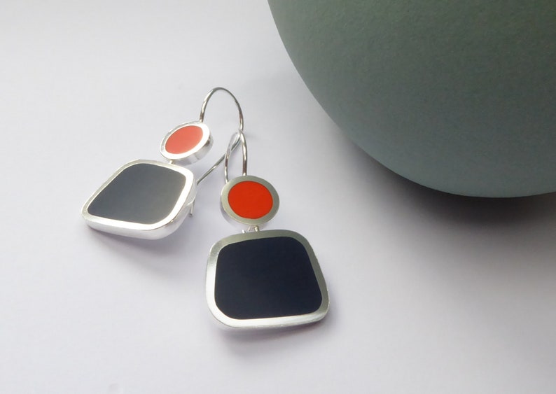 Square Colour Block Earrings in Orange & Ink Blue Gift for Her Colourblock Earrings image 2