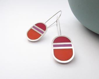 Oval Rot Orange Minimalist Silber Ohrringe - Loop Hängeohrringe