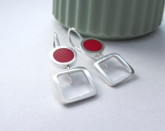 Geometrische Rot Silber Ohrringe - Pop Square Dot Drops