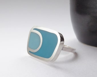 Teal and Aqua Blue Cocktail Ring handmade in Silver & Resin - Colourblock Landscape Ring