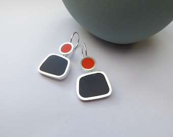 Square Colour Block Earrings in Orange & Ink Blue - Gift for Her - Colourblock Earrings